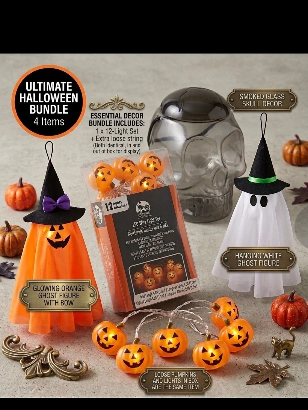 Halloween Party Decor Bundle - Orange & White Ghosts with LED Pumpkin Lights